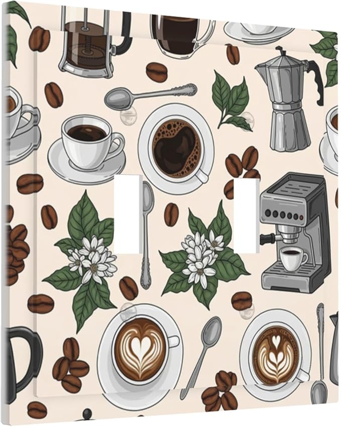 Whimsical Coffee Shop Double Toggle Switch Cover - 2-Gang Standard US Size Vintage Coffee Pattern Light Switch Covers, Café Culture Espresso for Dining Room Decor