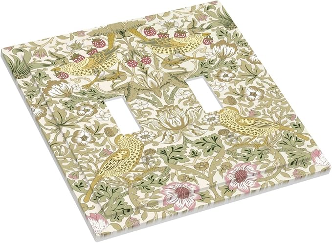 William Morris Vintage Strawberry Bird Botanical Decorative Switch Plates 2 Gang Double Toggle Outlet Light Switch Cover Wall Plate Electrical Faceplate for Farmhouse Home Decor