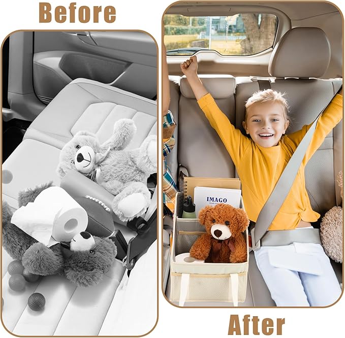 Honeydak Passenger Seat Organizer, Collapsible Car Storage for Console Front/back Seat with Multi-pockets Car Caddy Organizer Suv Truck for Kids Adults Accessories(Beige,2 Compartments)