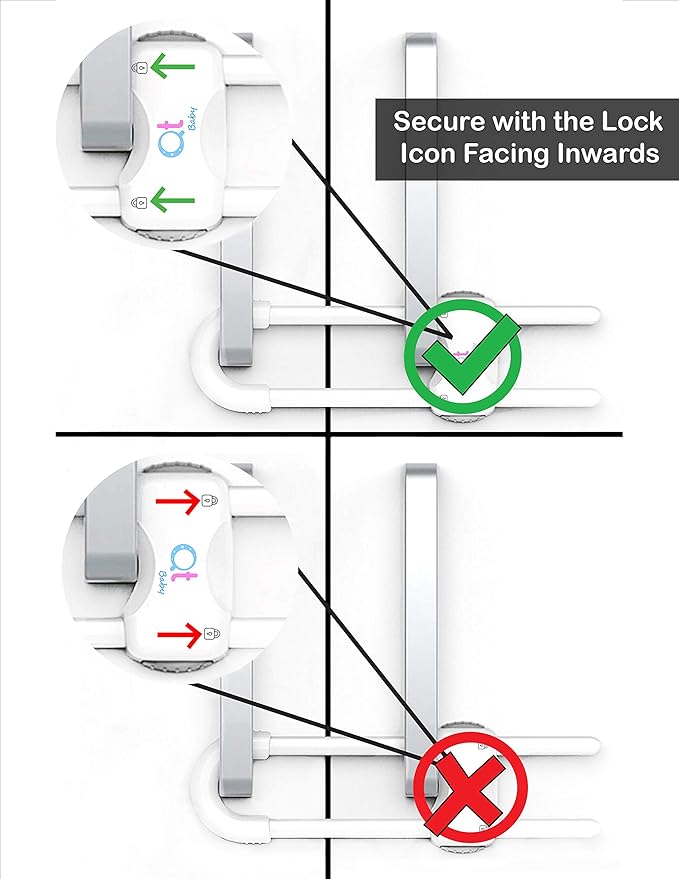 QT BABY - Pack of 12 - Baby Proofing Cabinet Locks Adjustable U Shaped Baby Safety Latches for Drawers, Fridge, Closet Modern Baby Proofing Cabinet Lock with Extra Secure Lock Buttons (White)
