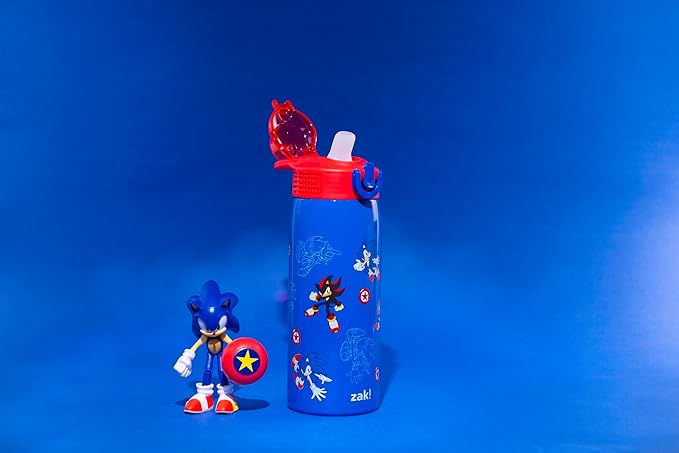 Zak Designs Sonic the Hedgehog Sage Kids Water Bottle For School or Travel, 19oz Stainless Steel Water Bottle With Straw, Handle, and Leak-Proof, Pop-Up Spout Cover (Sonic & Shadow)
