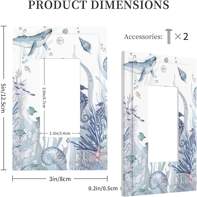 Ocean Themed Coral Seahorse Seashell Starfish Beach Decorative Outlet Covers 1 Gang Single Rocker Light Switch Cover Plate Wall Plates GFCI Faceplate for Bathroom Home Decor