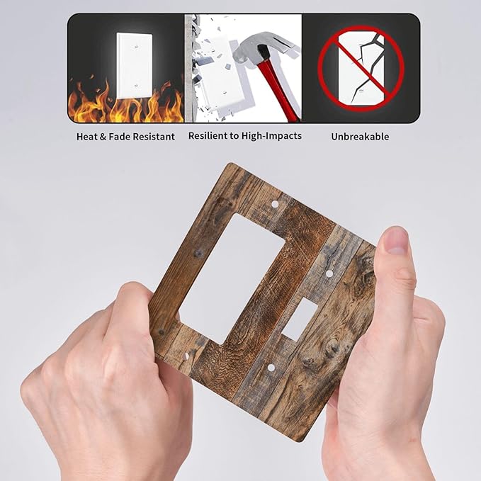 Vintage Board Rustic Brown Wood Texture Outlet Covers 1 Toggle 1 Rocker Combination Decorative Wall Plate Electrical Switch Plates Light Switch Cover Plate for Farmhouse Home Decor