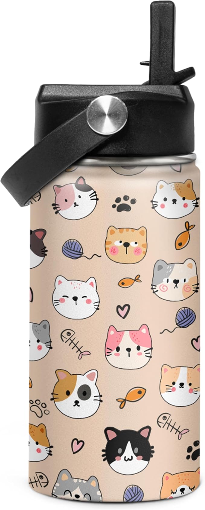 SANDJEST Kids Water Bottle Cat Water Bottles 12oz with Straw Insulated Stainless Steel Travel School Tumbler Double Wall Vacuum Cup for Girls Kid Boys