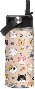 SANDJEST Kids Water Bottle Cat Water Bottles 12oz with Straw Insulated Stainless Steel Travel School Tumbler Double Wall Vacuum Cup for Girls Kid Boys