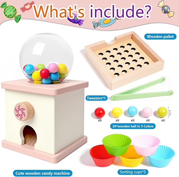 QimuMku 9.6" Wooden Gumball Machine Counting Montessori Toys for 3 4 5 Years Old Boys Girls, Toddler Preschool Learning Activities Toy for Kids Ages 4-8, Birthday Gifts Sensory Toys