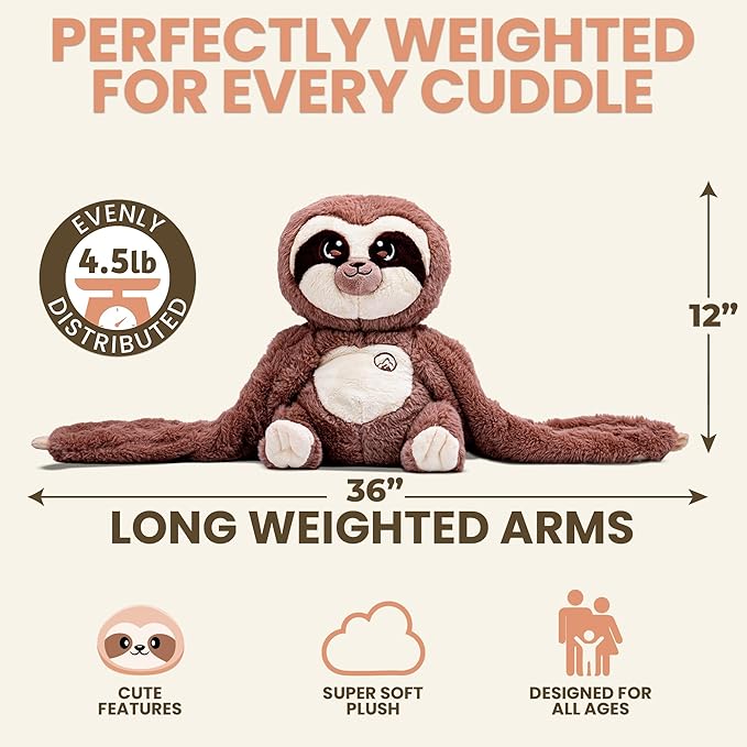 Huggle Healers Weighted Stuffed Animals for Adults, Teens and Kids - 36 Inch Long Plush Arms for Hugs - 4.5lb Sloth Stuffed Animal Plushies - Kigi Sloth