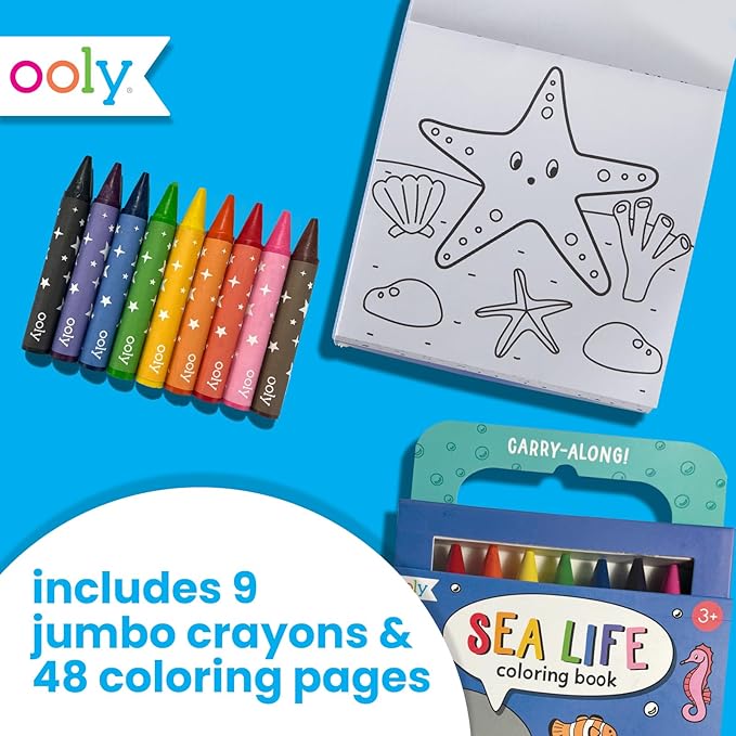 Ooly Travel Art Kit with 9 Jumbo Crayons & 48 Themed Coloring Pages & Case for Easy Traveling Art Creation, Perfect Airplane & Road Trip Activities for Kids - Sea Life