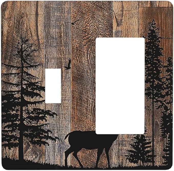 Outlet Covers Rustic Forest Antler Elk Deer Silhouettes Animals Wood Grain 1 Toggle 1 Rocker Combination Decorative Wall Plate Light Switch Cover Plate Electrical Switch Plates for Farmhouse