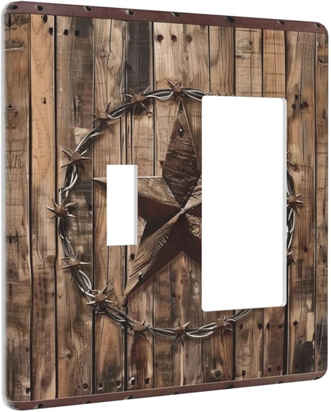 Light Switch Cover Rustic Star Western Cowboy Wood 2 Gang Toggle Rocker Combo Socket Cover Wall Plates Decorative Switch Plates and Outlet Covers for Farmhouse Home Decor