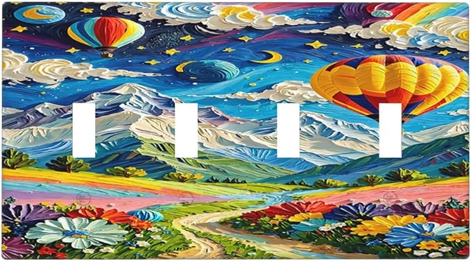 Hot Air Balloons Floral Vibrant Colors Flowers Mountains Stars Moon Light Switch Covers Quad Toggle 4 Gang Wall Plate Decorative Switch Plates Electrical Faceplate for Bedroom Kids Room Decor