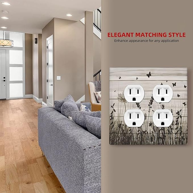 Wildflower Butterfly Grass Dandelion Vintage Wooden Print Outlet Covers 2 Gang Double Duplex Decorative Light Switch Covers Electrical Wallplates Socket Faceplate for Farmhouse Home Decor