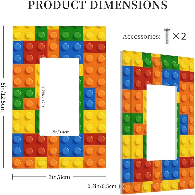 Building Blocks Theme Colored Bricks Print Decorative Outlet Covers 1 Gang Single Rocker Light Switch Cover Plate Wall Plates GFCI Faceplate for Room Office Home Decor