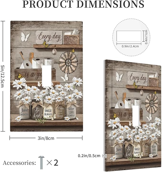 Rustic Daisy Flower Butterfly Inspirational Cottage Decorative Light Switch Cover 1 Gang Single Toggle Device Electrical Faceplate Switchplates Decorator Outlet Wall Plate for Farmhouse Bedroom Decor