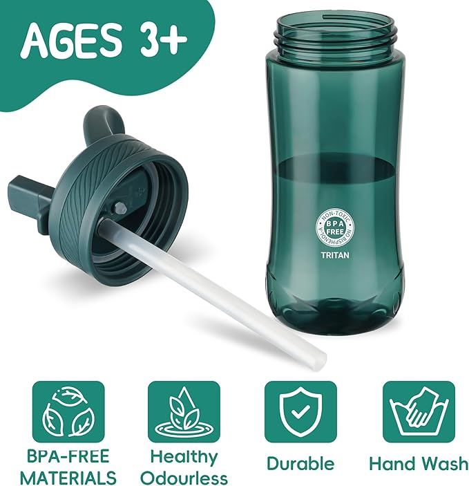 Kids Water Bottle, Dustproof Leakproof Cover, BPA Free Tritan Water Bottle Kids With Volume Markings Drinking 14oz Clear Water Bottle Unique Cat Paw Print Bottom Toddlers, School , Outdoor（Dark Green）