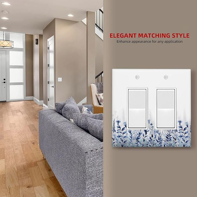 Decorative Outlet Covers Rustic Blue Plants Wildflower Boho Leaves 2 Gang Wall Plate Cover Double Rocker Decora Light Switch Covers Plate Jumbo Dual Electrical GFCI Switch Plate Cover
