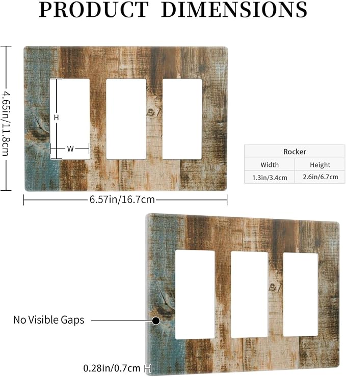 Brown Wood 3 Gang Triple Rocker/Decor Light Switch Wall Plate Cover Decorative Electrical Faceplate for Kids Living Room Bedroom Decor Screwless 6.57" x 4.65