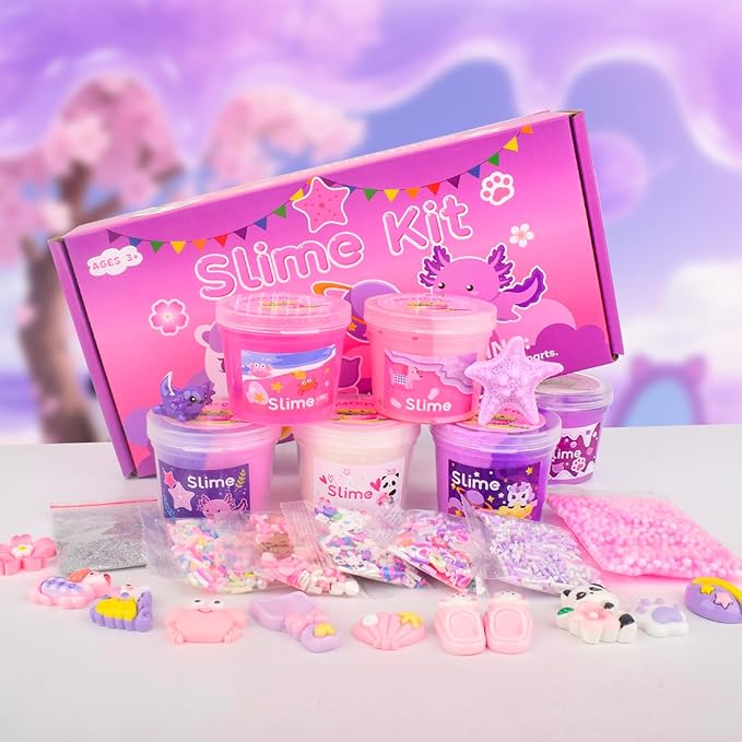 6 Pack Pink & Purple Slime kit for Kids- Cloud Butter & Clear Slimes, Cute Animal Theme Party Favors, Sensory Toys for Kids Girls Boys Ages 4-12, Goodie Bag Stuffers, Birthday Gift Ideas Cute Stuff