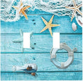 Turquoise Teal Fishing Net Wood Plank 2 Gang Double Toggle Light Switch Cover Electric Wall Plate Electrical Faceplate for Bathroom Home Living Room Jumbo Size Decor