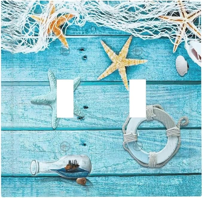 Turquoise Teal Fishing Net Wood Plank 2 Gang Double Toggle Light Switch Cover Electric Wall Plate Electrical Faceplate for Bathroom Home Living Room Jumbo Size Decor