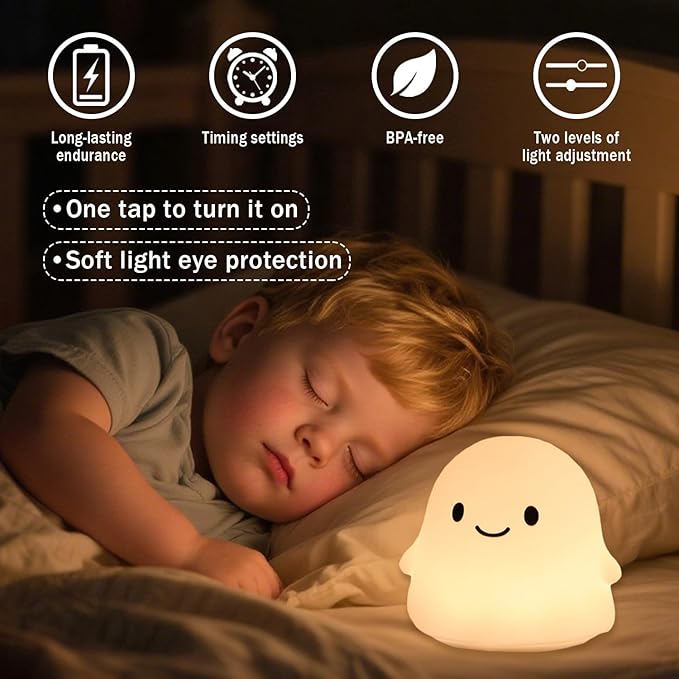 Rytinazzz Halloween Ghost Night Light, 50-Hour Battery & Pat Control, Cute Squishy Lamp for Kids Room Decor, USB Rechargeable with Timer, Cute Home Decor