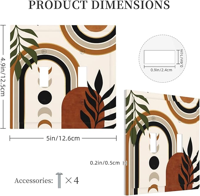 Boho Mid Century Arch Plant Leaves Sun Moon Decorative Switch Plates 2 Gang Double Toggle Outlet Light Switch Cover Wall Plate Electrical Faceplate for Bedroom Living Room Decor