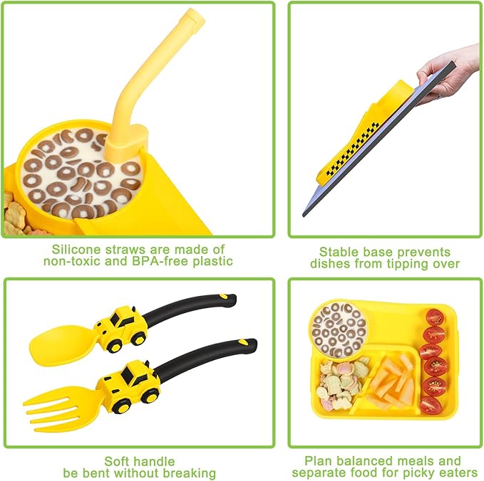 Deinyi Construction Toddler Plates - Construction Utensils for Toddlers - Easter and Birthday Gift Toddler Utensils for 1 2 3 4 5 6 7 year - Yellow