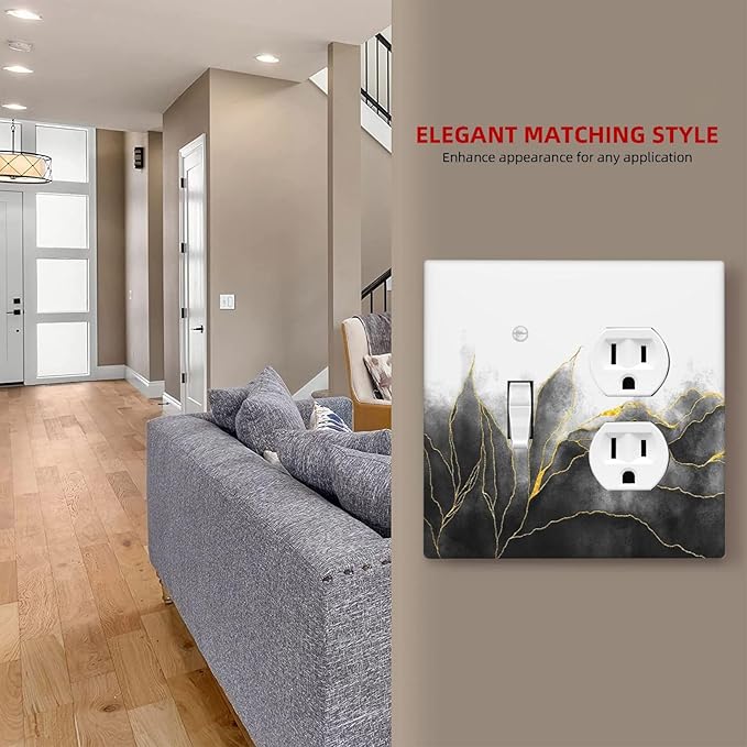 Wallplates Black And Gold Marble White Golden Leaves 1 Toggle 1 Duplex Switch Plate Electrical GFCI Faceplate Decorative Light Switch Covers for Bedroom living Room Decor