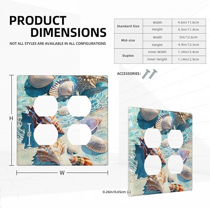 Outlet Covers Ocean Waves Starfish Conch Scallop Shell 2 Gang Double Duplex Decorative Light Switch Covers Electrical Wallplates Socket Faceplate For Kids Room Nursery Decor