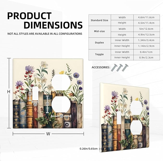 Plant Floral Books Colorful Flower Wallplates 1 Toggle 1 Duplex Switch Plate Electrical GFCI Faceplate Decorative Light Switch Covers for Kids Room Bedroom Decor