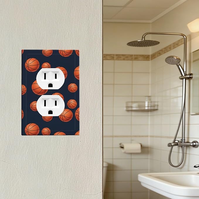 Basketball Duplex Wall Plate - 1-Gang Standard US Size Sports Design Navy Blue Outlet Covers, Vintage Basketball for Boys Room