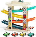 TOP Bright Toddler Wooden Race Track Car Ramp Toys for 1 2 Year Old Baby Motor Skills Race Tracks Car Ramp Vehicle Playsets with 4 Mini Cars and 1 Car Garage