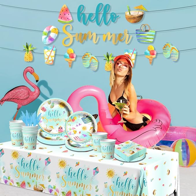 Hello Summer Party Decorations-143Pcs Beach Pool Party Paper Plates and Napkins Set Swimming Luca Themed Tableware Summer Party Supplies for Kids Birthday