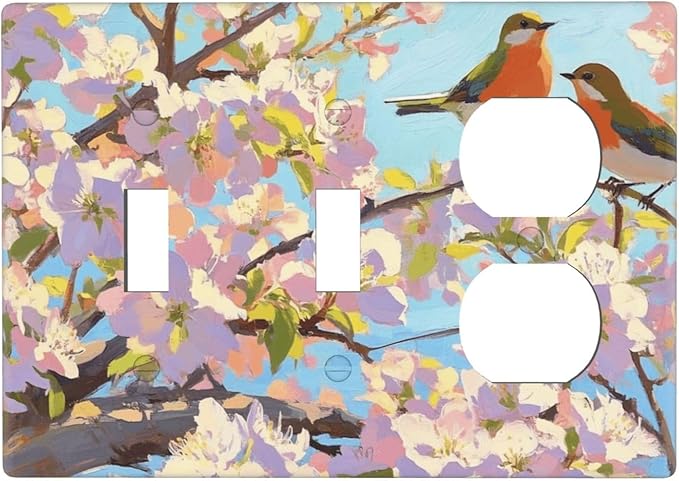 Bird Flower 2 Toggle 1 Duplex Receptacle Outlet Cover Wall Plate Decorative 3 Gang Light Switch Covers Electrical Switchplate Home Decorate Faceplat for Bathroom Bedroom Kitchen Room 4.5 x 6.4 Inch