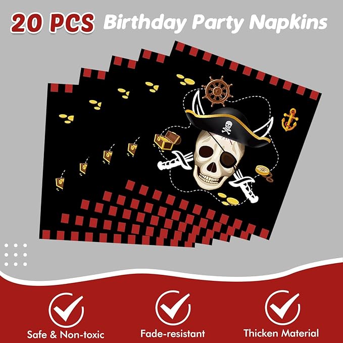 62Pcs Pirate Birthday Party Supplies Decorations, Pirate Treasure Theme Dinnerwares Includes 20pcs 9''Plates and 20pcs 7''Napkins with 2pcs Tablecloth for 20 Guests, Disposable Party Dessert Tableware