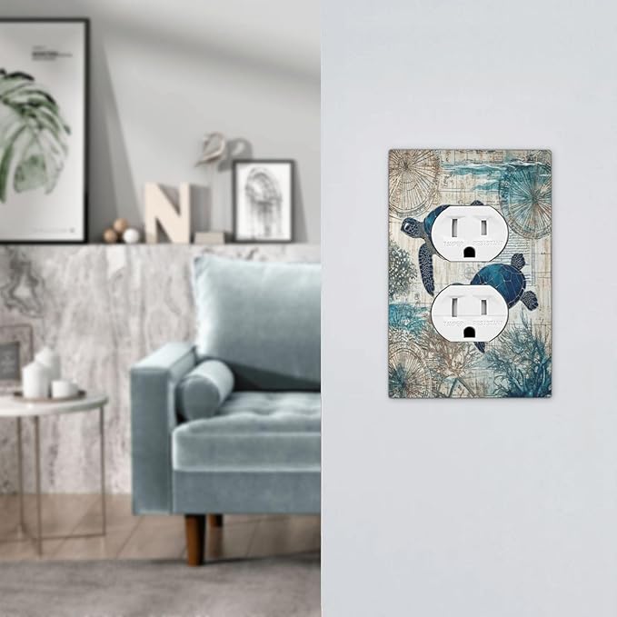 Blue Green Sea Turtle Tropical Ocean Coral Nautical Map Outlet Covers 1 Gang Duplex Light Switch Cover Decorative Switch Plates Electrical Receptacle Faceplate Wall Plate For Bed Room Bathroom Decor