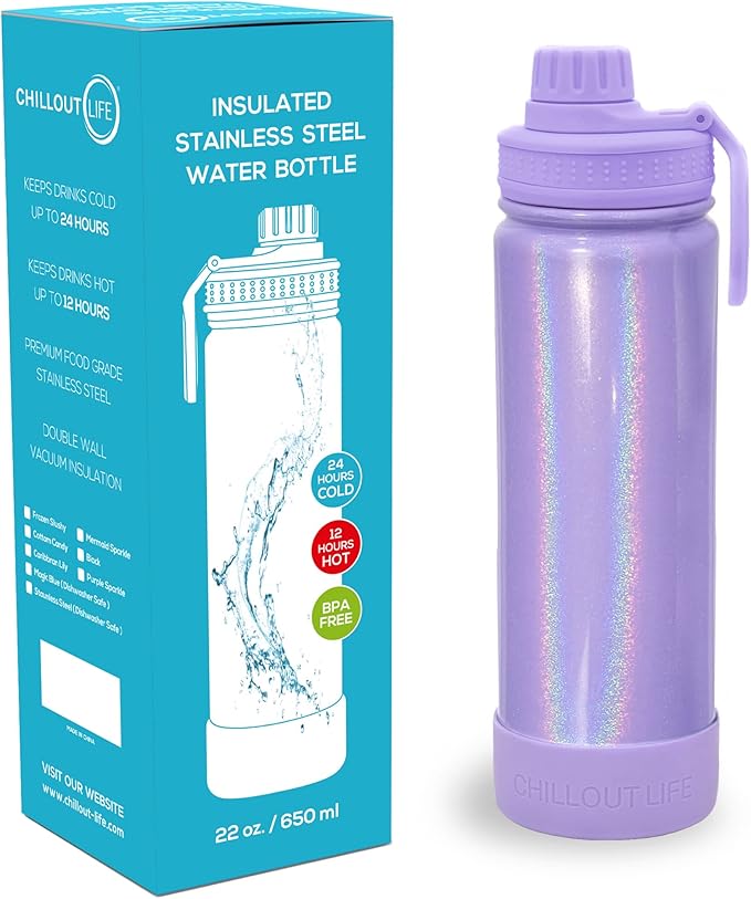 CHILLOUT LIFE 22 oz Kids Insulated Water Bottle for School with Leakproof Spout Lid and Cute Waterproof Stickers, Personalized Stainless Steel Thermos Flask Metal Water Bottle, Purple Sparkle