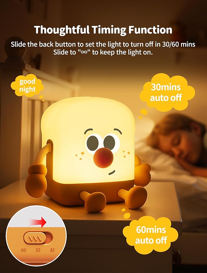 Toast Night Light for Kids, Rechargeable Bedside Table Lamp, Portable Night Lamps, Cute Nursery Night Lights for Bedroom, Office, Desk Lamp Funny Gifts for Baby, Teens, Adults