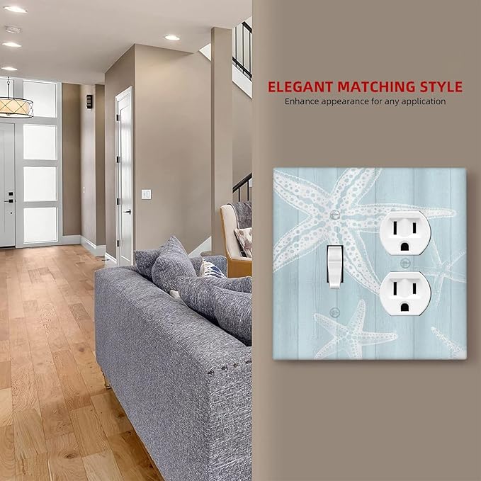 Outlet Covers Blue Wooden Plank Starfish Ocean Vintage 2 Gang Decorative Switch Plates 1 Toggle Duplex Combo Light Switch Cover GFCI Electrical Wall Plates for Bathroom Bedroom Decor