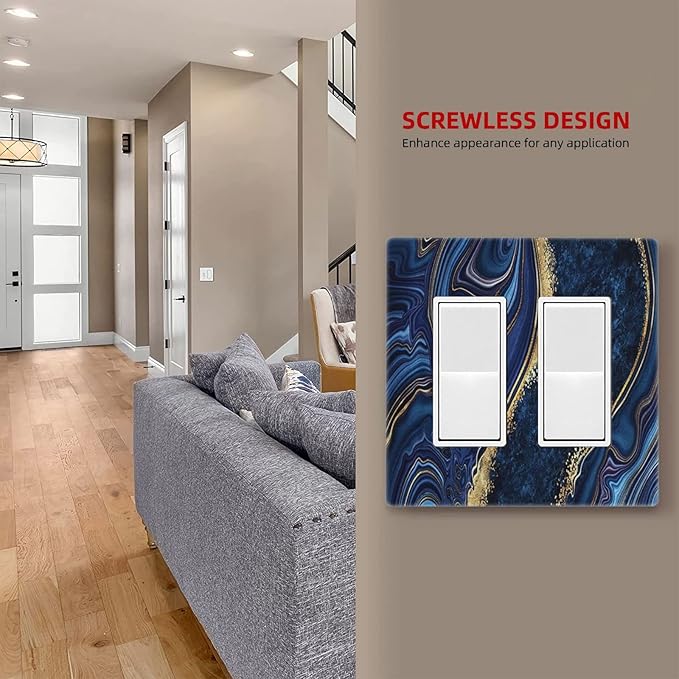 Navy Blue Marble Light Switch Cover 2 Gang Rocker Decorative Double Decor Wall Plate Electrical Switchplate GFCI Faceplate for Boys Men Bathroom Kitchen Home Art Panel Decor Screwless 4.7" x 4.6