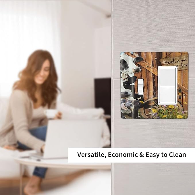 Decorative Switch Plate Covers Farm Cow Farmhouse Barn Door Rustic Vintage Wooden 2 Gang 1 Gang Single Toggle Rocker Device Combination Light Switch Cover Wall Plate Electrical Faceplate