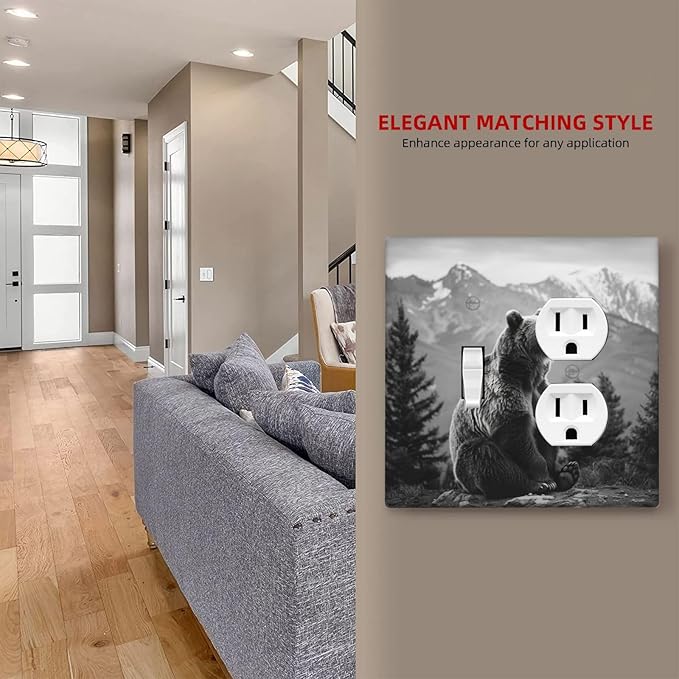 Light Switch Cover Plate Black White Bear Mountain Pine Trees Wilderness 2 Gang Decorative Switch Plates 1 Toggle Duplex Combo Outlet Covers GFCI Wall Plates for Bathroom Bedroom Decor