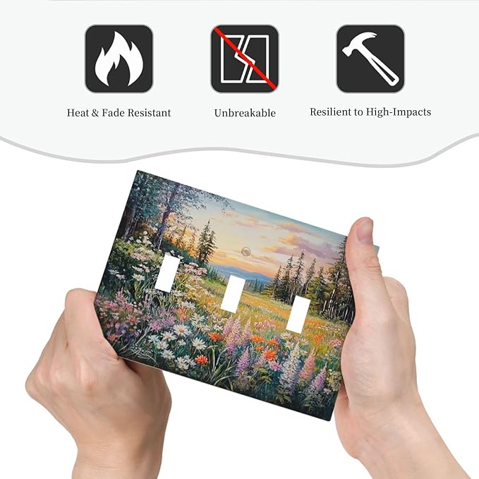 Decorative Switch Plates Floral Landscape Rustic Nature Wildflower 3 Gang Wall Plate Triple Toggle Light Switch Cover Faceplate Electrical Wall Panels For Bed Room Living Room Decor