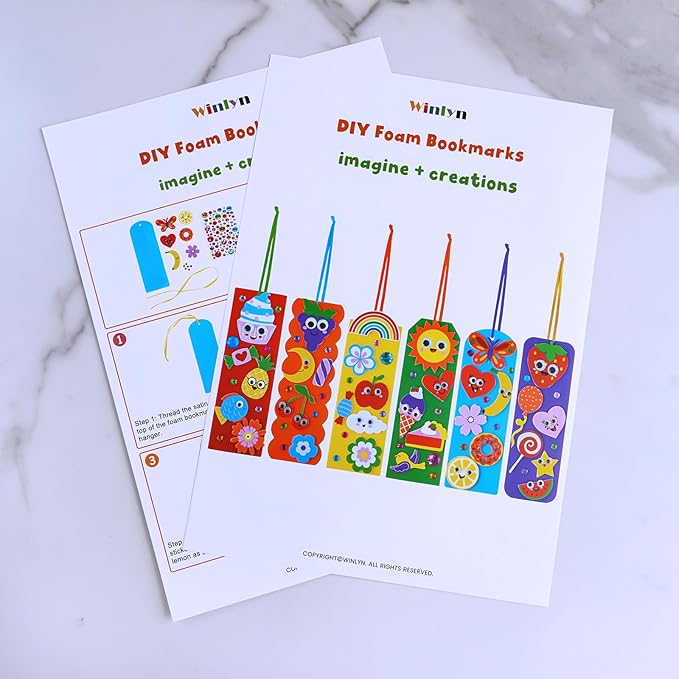 Winlyn 36 Sets Summer Crafts Kits DIY Whimsical Bookmarks Decorations Art Sets Fruits Treats Animals Sun Rainbow Foam Stickers for Kids Classroom Activities Reading Rewards Birthday Camp Party Favors