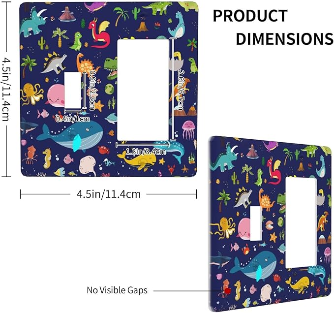 Kids Boys Cartoon Dinasour Theme 2 Gang Single Toggle/Decorator Combination Light Switch Cover Nursery SeDecorative Combo 1-Toggle/1-GFCI/Rocker Wall Plate Cover