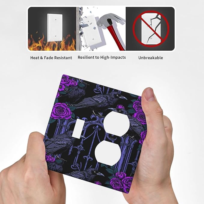 Wallplates Gothic Style Crow Purple Flowers 1 Toggle 1 Duplex Switch Plate Electrical GFCI Faceplate Decorative Light Switch Covers for Bedroom living Room Decor