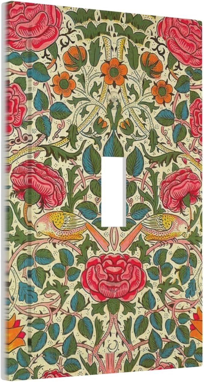 William Morris Roses Floral 1 Gang Light Switch Cover Single Toggle Wall Plate VintageTulip Flower Plant Bird Decorative Electrical Switchplate Covers for Country Bedroom Home Decor