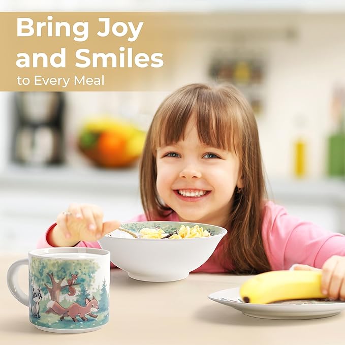 MIAMIO – Set of 3 Kids Dinnerware Set/Porcelain Children Dishes, Kids Dish Set, Children’s Tableware Set - Includes Plate, Bowl and Cup – For Kids and Toddler (Forest)