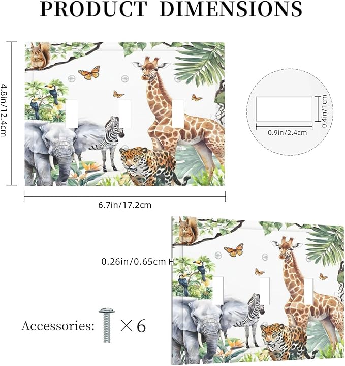 Elephant Giraffe Jungle Animals Leopard Zoo Decorative Switch Plates 3 Gang Wall Plate Triple Toggle Light Switch Cover Faceplate Electrical Wall Panels for Kids Room Nursery Decor