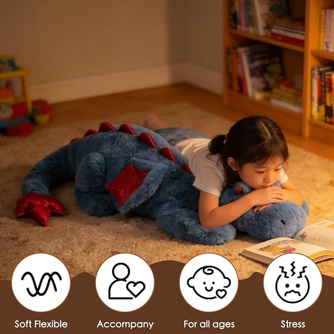 ARELUX Giant Weighted Winged Dragon Plush Toy - 35.4" 5lbs Soft Stuffed Animal for Comfort, Pterosaur Plushie Fuzzy Dinosaur Pillow Plushies Cuddly Removable and Washable Blue